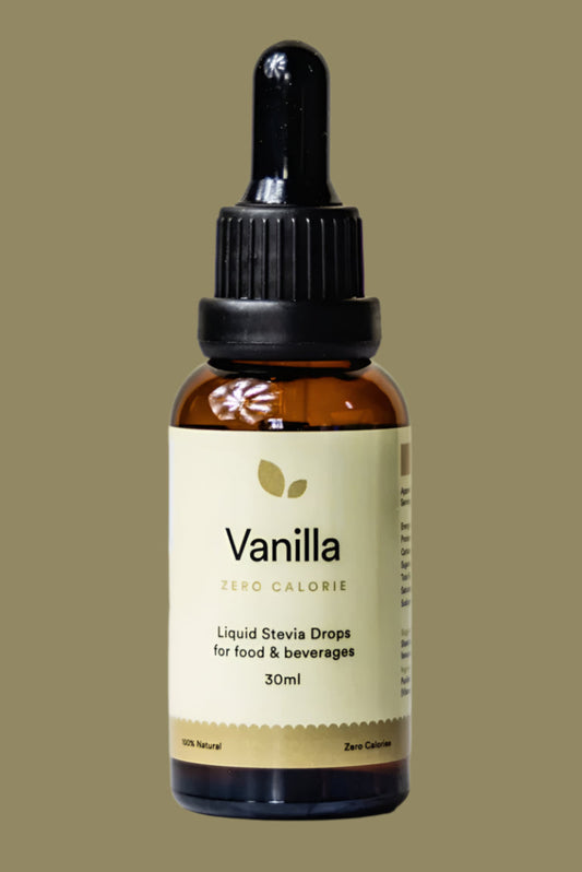A bottle of Vanilla Liquid Stevia Drops with a dropper, labeled for food and beverages, 30ml size.