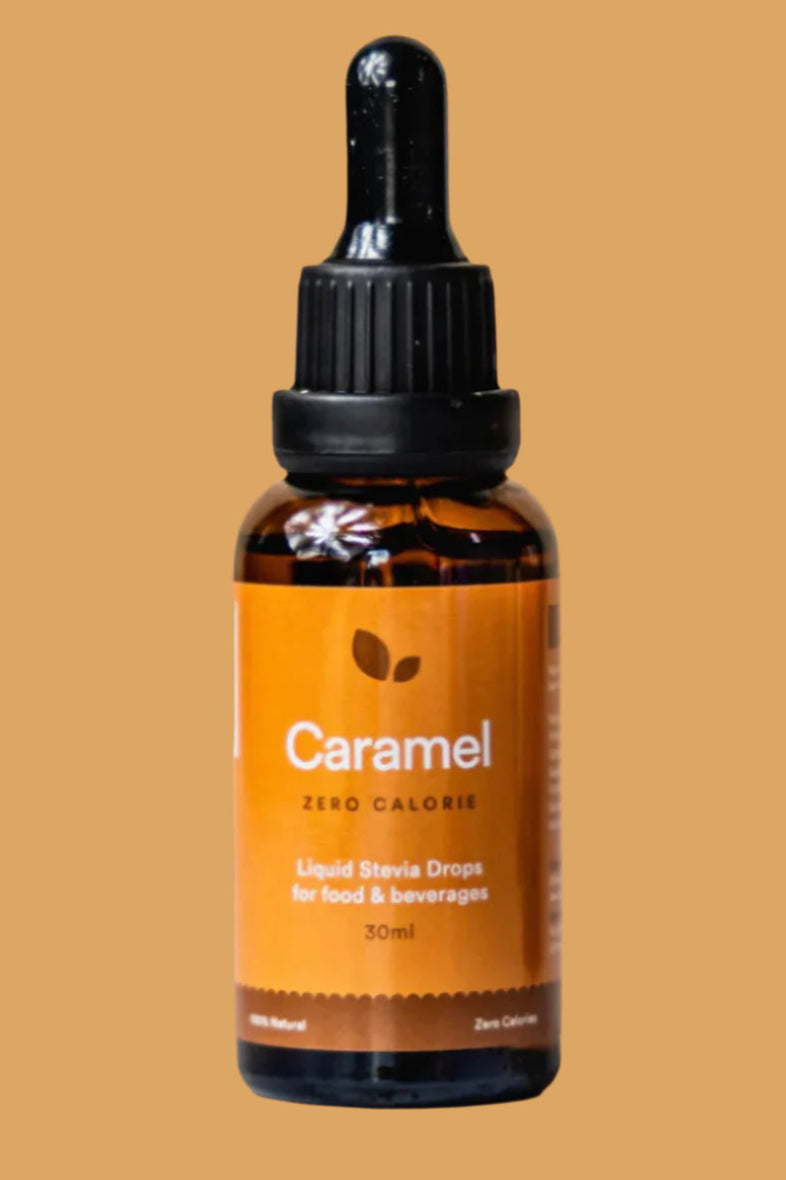 A bottle of Caramel flavored Pure Liquid Monkfruit Drops with a dropper cap.