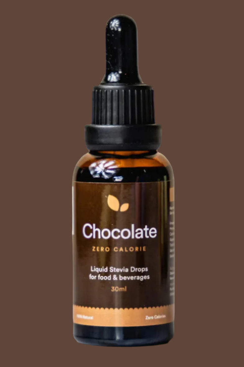 A bottle of Chocolate Liquid Stevia Drops with a dropper, labeled as zero calories and suitable for food and beverages.
