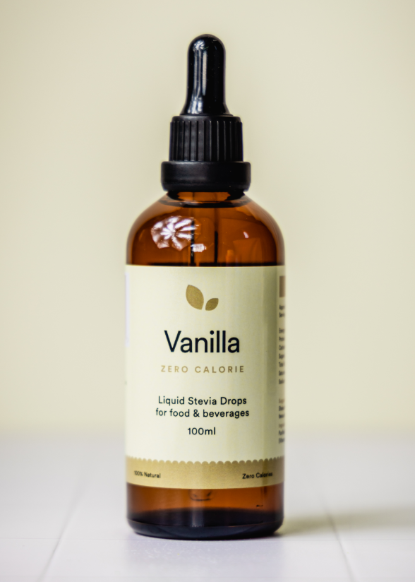 Bottle of Vanilla liquid stevia drops on a white background